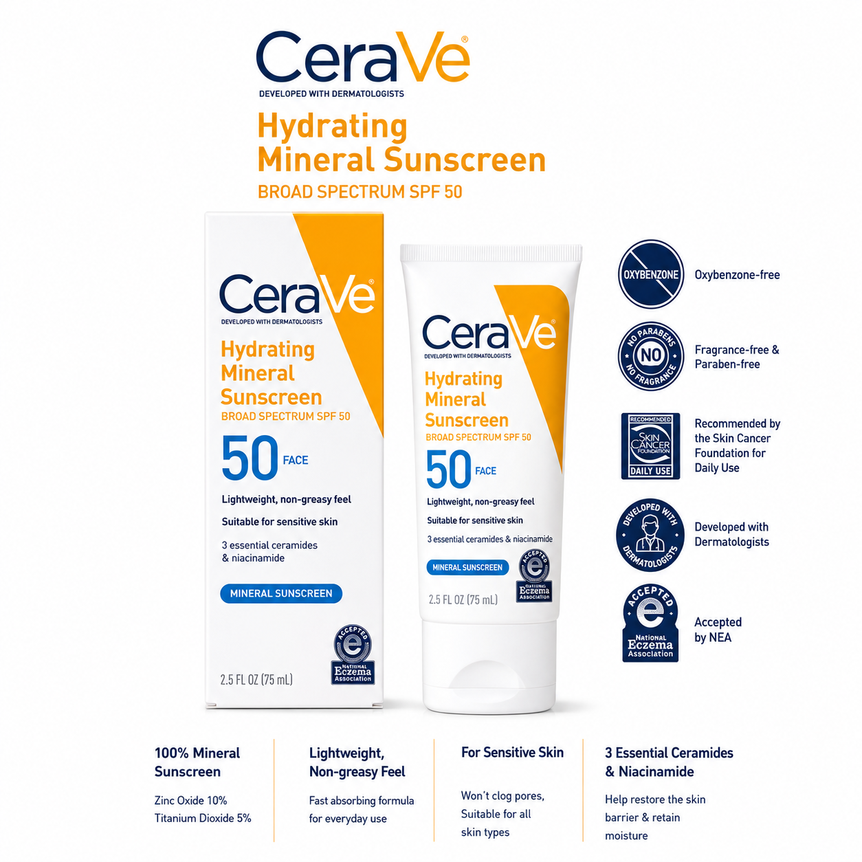 CeraVe Hydrating Mineral Sunscreen SPF 50 Face (75ml)
